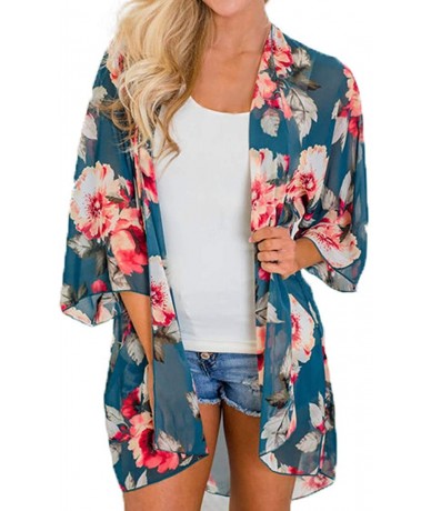 Cover-Ups Womens Floral Chiffon Kimono Cardigans Loose Beach Cover Up Half Sleeve Tops - 6teal Blue+floral - CC193AAZMIY $24.67