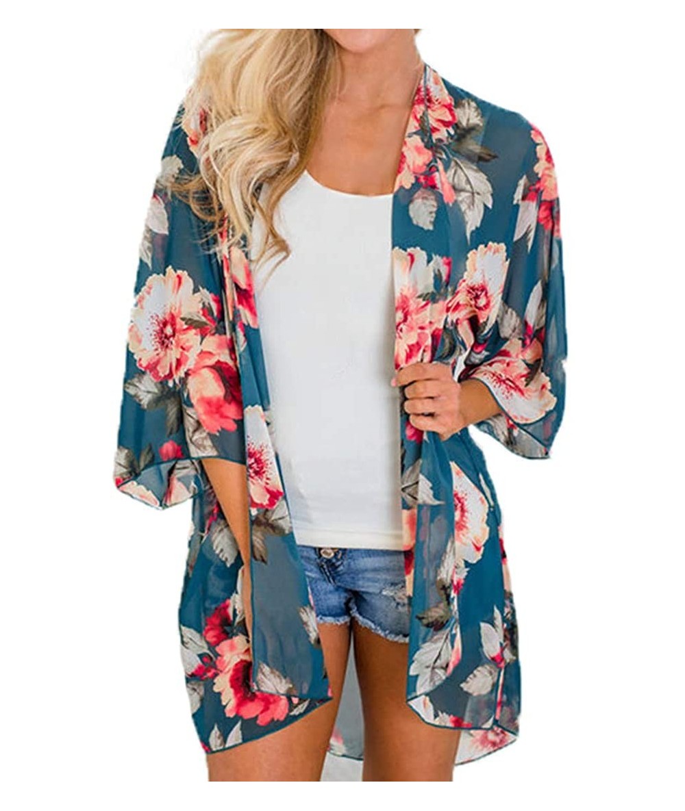 Cover-Ups Womens Floral Chiffon Kimono Cardigans Loose Beach Cover Up Half Sleeve Tops - 6teal Blue+floral - CC193AAZMIY $24.67