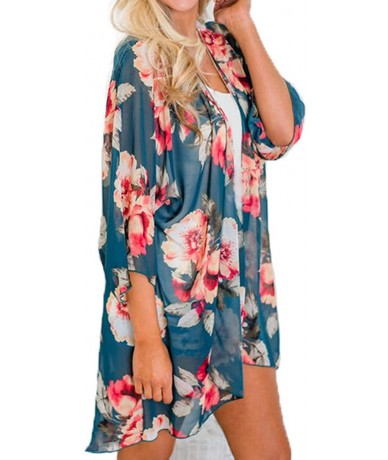 Cover-Ups Womens Floral Chiffon Kimono Cardigans Loose Beach Cover Up Half Sleeve Tops - 6teal Blue+floral - CC193AAZMIY $24.67