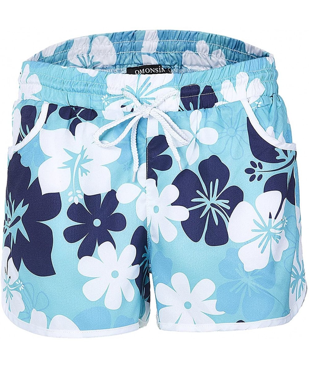 Board Shorts Women Floral Boardshort Sexy Waistband Beach Shorts with Drawstring - Blue - CZ184KQKHZ7 $25.29