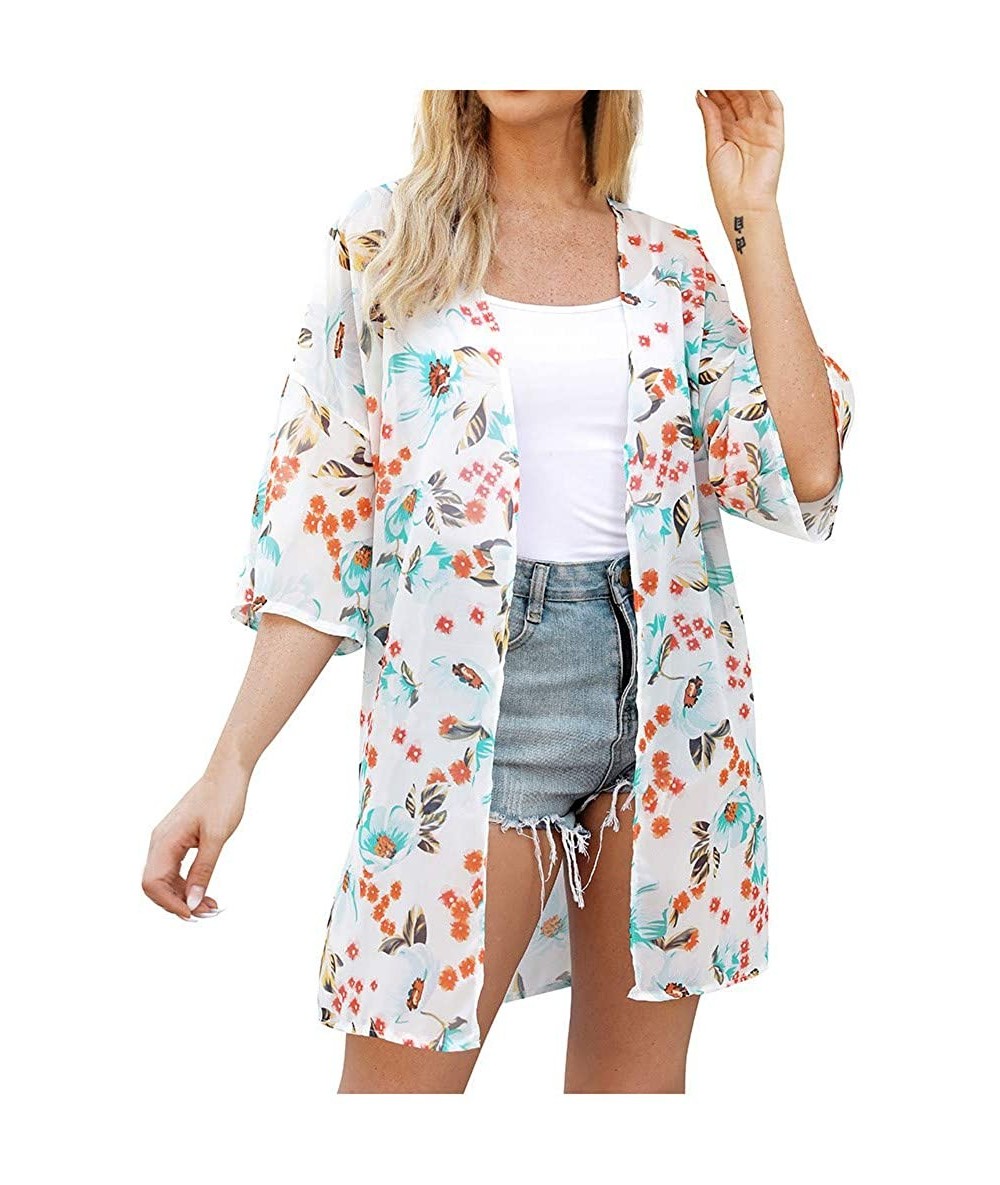 Cover-Ups Women Fashion Tie-Dye 3/4 Sleeve Cardigan Kimono Chiffon Shawl Cover up Summer Outerwear Blouse Tops - White - CE19...