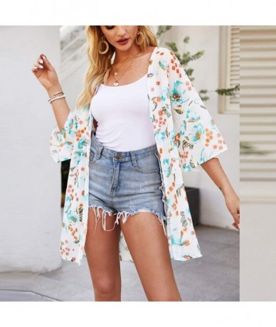 Cover-Ups Women Fashion Tie-Dye 3/4 Sleeve Cardigan Kimono Chiffon Shawl Cover up Summer Outerwear Blouse Tops - White - CE19...