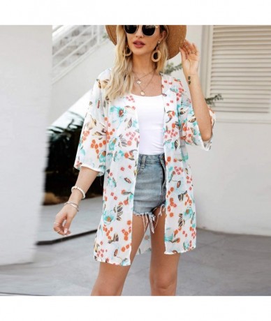 Cover-Ups Women Fashion Tie-Dye 3/4 Sleeve Cardigan Kimono Chiffon Shawl Cover up Summer Outerwear Blouse Tops - White - CE19...