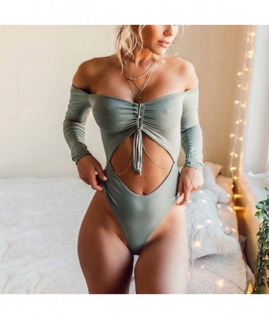 One-Pieces Women Sexy Off Shoulder Long Sleeve Bikini Chests Ribbon Ruched One-Piece Swimwear Beachwear - Green - CD18M9EIUCA...