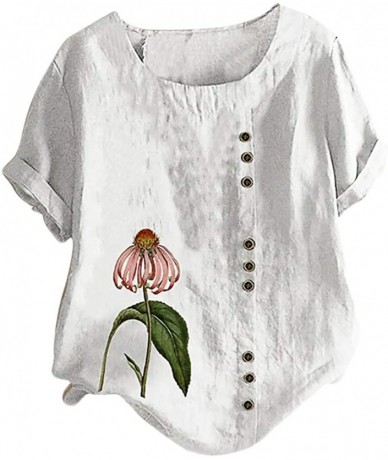 Board Shorts Women's Vintage top Embroidered Blouse Tunic V-Neck Linen Tops Short Sleeve Hi-Low Hem Shirt - White_2 - CC199N7...