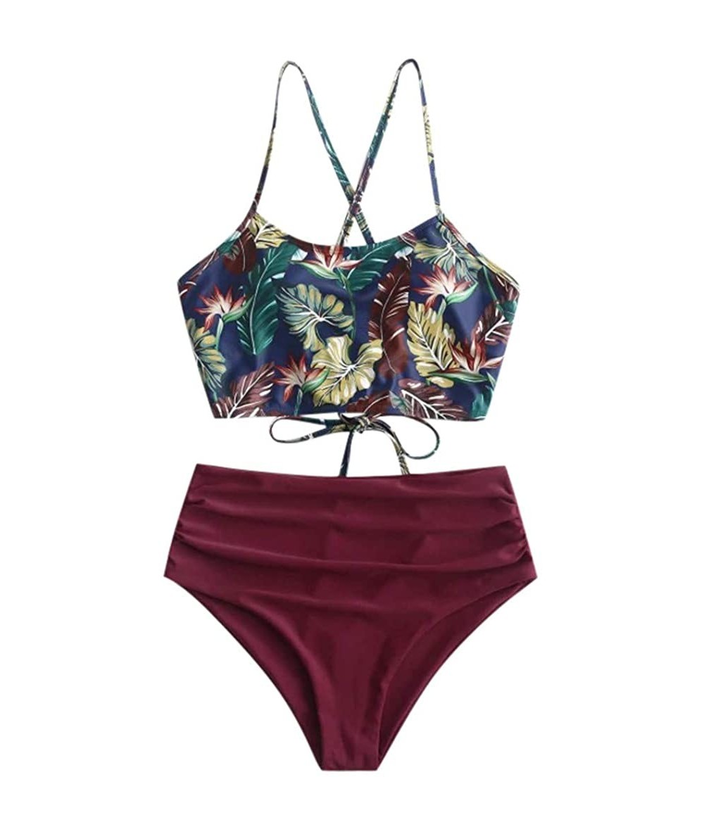 Sets Retro Print Bathing Suits for Women Back Criss Cross Lace-up Triangle Bikini Swimwear Two Piece Swimsuit - Wine - CL1942...