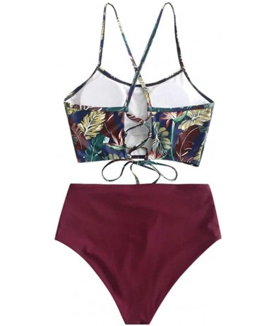 Sets Retro Print Bathing Suits for Women Back Criss Cross Lace-up Triangle Bikini Swimwear Two Piece Swimsuit - Wine - CL1942...