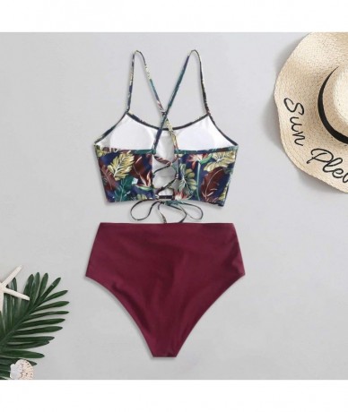 Sets Retro Print Bathing Suits for Women Back Criss Cross Lace-up Triangle Bikini Swimwear Two Piece Swimsuit - Wine - CL1942...