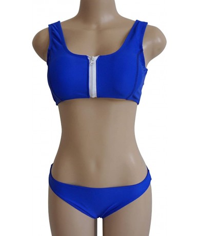 Sets Women Zipper Front Crop Top Low Waist Sporty 2PCS Bikini Sets Bathing Suit - Sapphire Blue - C818C0ZO48W $33.19