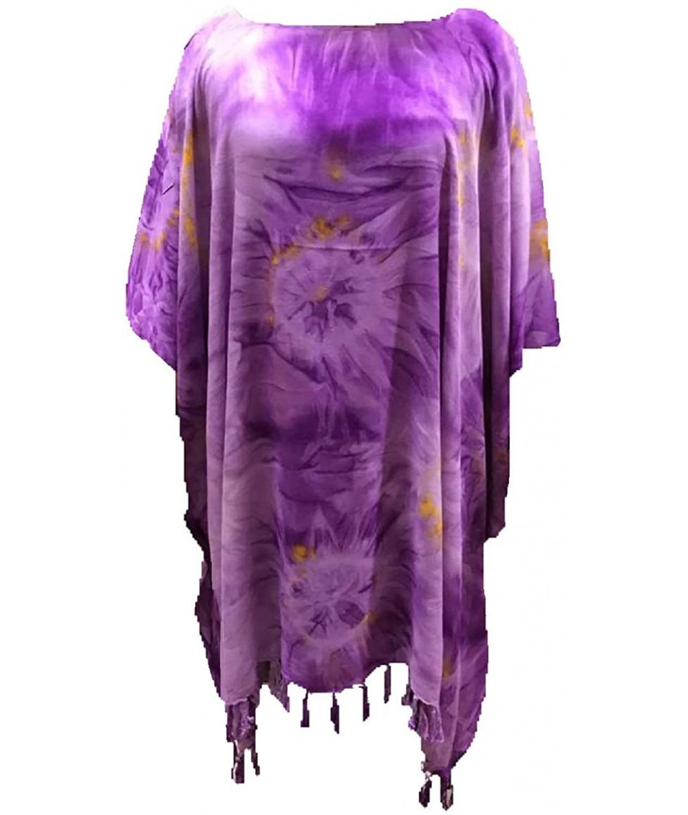 Cover-Ups Beach Cover Up Poncho Tunic Tie Dye Dress Fringe Swimwear Loose Bohemian - Purple Tie Dye - CJ18W8HCQ8C $31.88