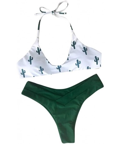 Sets Women's Two Piece Sexy Bikini Set Cactus Print Halter Swimsuit Beachwear 2 Pieces Bathing Suit - White - CF18OE7N7WZ $21.44