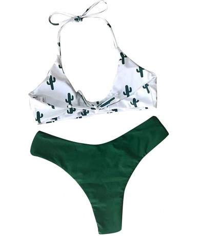 Sets Women's Two Piece Sexy Bikini Set Cactus Print Halter Swimsuit Beachwear 2 Pieces Bathing Suit - White - CF18OE7N7WZ $21.44