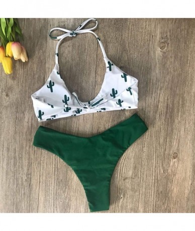 Sets Women's Two Piece Sexy Bikini Set Cactus Print Halter Swimsuit Beachwear 2 Pieces Bathing Suit - White - CF18OE7N7WZ $21.44