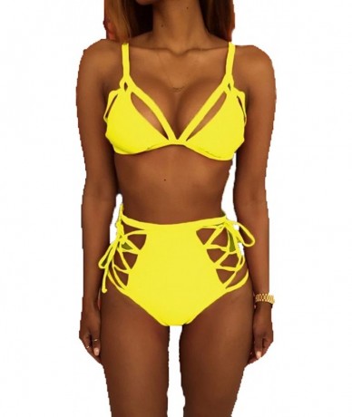 Sets Women's Solid Color Hollow Cutout Criss Cross Tie Side Bra Bikini Sets Sexy Swimsuit - Yellow - CV18O4TUCX2 $32.20