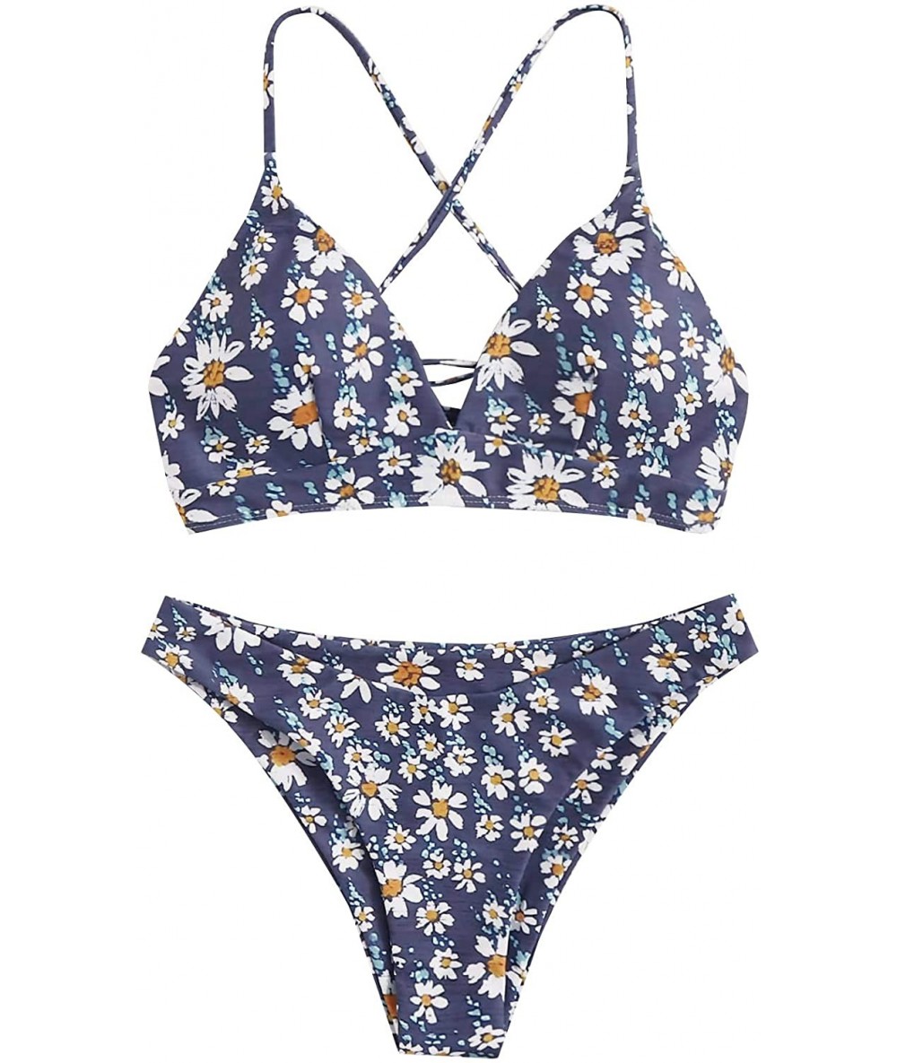 Sets Women's Sexy Bathing Suit Floral Print Cross Back Bikini Set Swimsuits - Navy - C7196M9RA22 $38.53