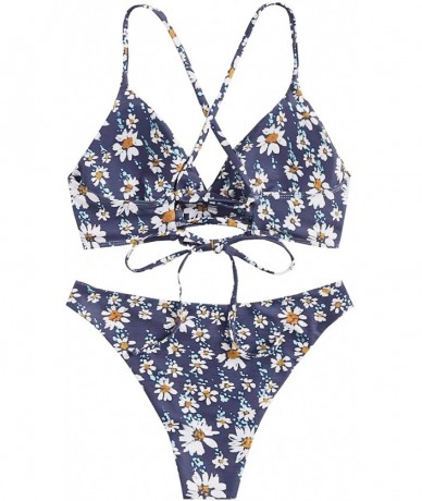 Sets Women's Sexy Bathing Suit Floral Print Cross Back Bikini Set Swimsuits - Navy - C7196M9RA22 $38.53