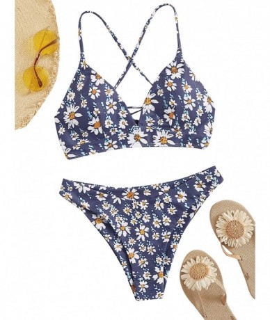 Sets Women's Sexy Bathing Suit Floral Print Cross Back Bikini Set Swimsuits - Navy - C7196M9RA22 $38.53