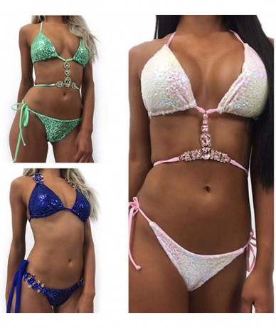 Racing Women Crystal Drill Sequins Bikini Set Beach Swimwear Beachwear Swimsuit - Green - C518O3HQILI $35.36