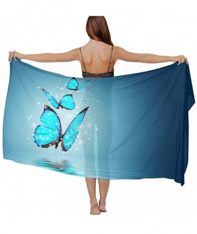 Cover-Ups Women Luxury Chiffon Swimwear Cover Up- Oversize Beach Sarong Shawl Wrap - Sky Blue Butterfly - CN19C6N2KN8 $44.13