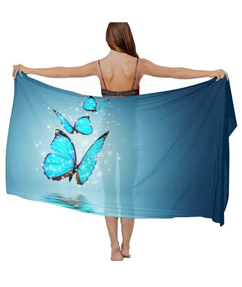 Cover-Ups Women Luxury Chiffon Swimwear Cover Up- Oversize Beach Sarong Shawl Wrap - Sky Blue Butterfly - CN19C6N2KN8 $44.13