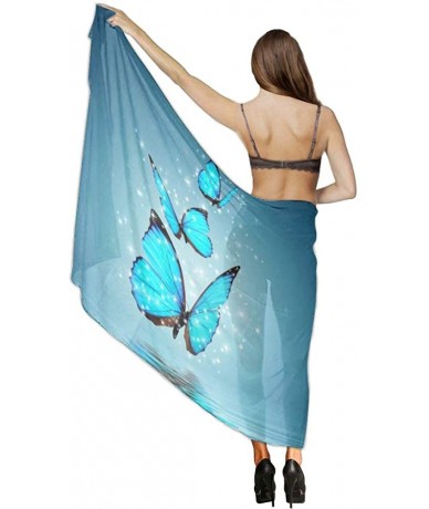 Cover-Ups Women Luxury Chiffon Swimwear Cover Up- Oversize Beach Sarong Shawl Wrap - Sky Blue Butterfly - CN19C6N2KN8 $44.13