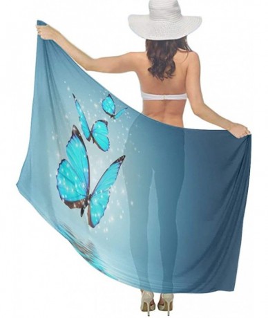 Cover-Ups Women Luxury Chiffon Swimwear Cover Up- Oversize Beach Sarong Shawl Wrap - Sky Blue Butterfly - CN19C6N2KN8 $44.13