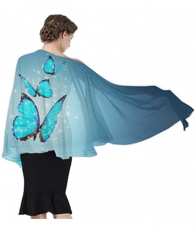 Cover-Ups Women Luxury Chiffon Swimwear Cover Up- Oversize Beach Sarong Shawl Wrap - Sky Blue Butterfly - CN19C6N2KN8 $44.13