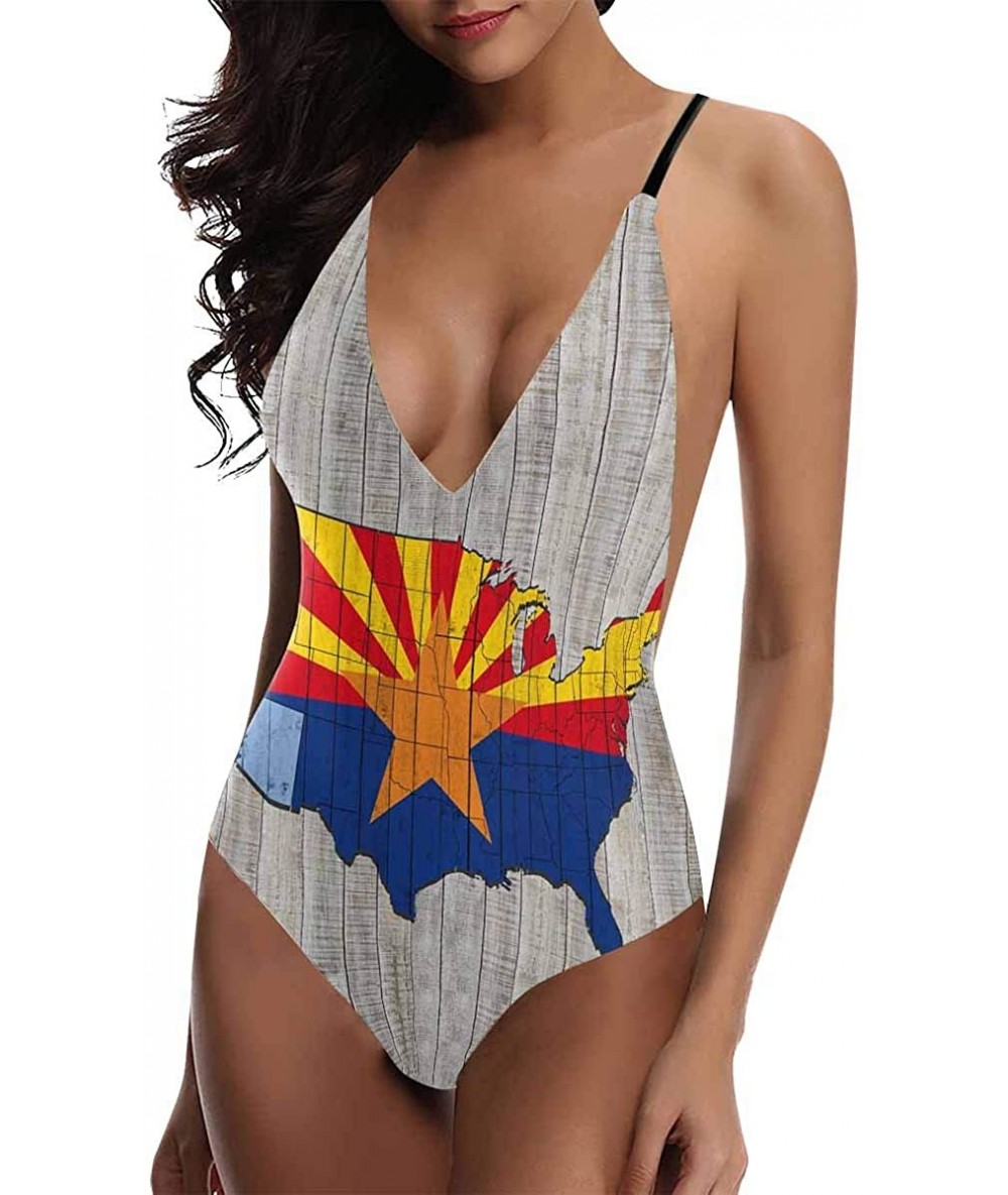 One-Pieces American State Flags V-Neck Women Lacing Backless One-Piece Swimsuit Bathing Suit XS-3XL - Arizona Flag 01 - CI18S...