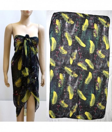 Cover-Ups Scarf Fashion Black Yellow Bird Feathers Print Women Beach Body Wrap Cover Lightweight Scarves 70x35 Inches - CG19D...