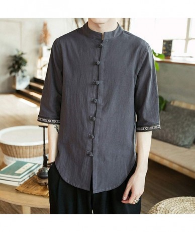 Rash Guards Men Summer Vintage Casual Pure Color Linen Three Quarter Sleeve Tops Shirts - Gray - CY18W5NUY8S $41.85