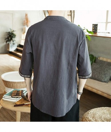 Rash Guards Men Summer Vintage Casual Pure Color Linen Three Quarter Sleeve Tops Shirts - Gray - CY18W5NUY8S $41.85