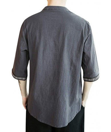 Rash Guards Men Summer Vintage Casual Pure Color Linen Three Quarter Sleeve Tops Shirts - Gray - CY18W5NUY8S $41.85