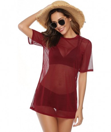 Cover-Ups See Through Beach Dress for Women Bikini Cover Ups Short Sleeve T-Shirt Dress - Red - CS19047DKXO $32.67