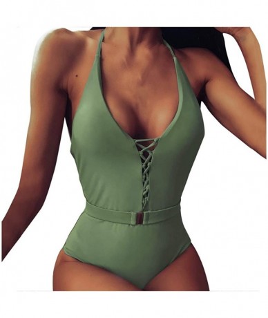 One-Pieces Womens Sexy Halter Monokini One Piece Deep V Bandage Backless Swimsuit Bathing Suit Beach Swimwear - Green - CT196...