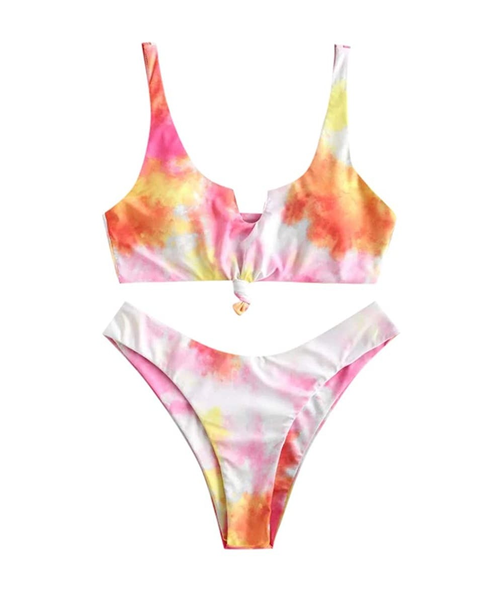 Sets Women's Swimsuit- Two Piece Tie-Dye Bikini Set Lace Up Halter Sexy Bathing Suit - Red - CX19CD6C545 $34.16