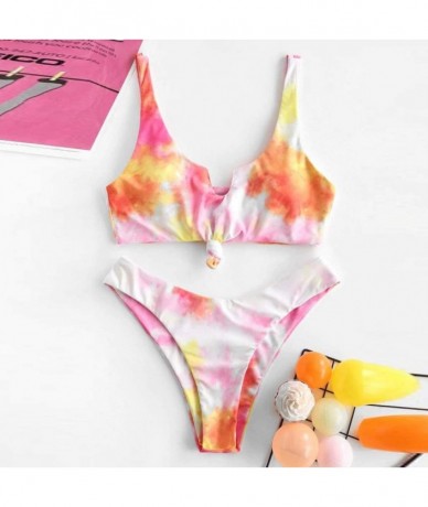 Sets Women's Swimsuit- Two Piece Tie-Dye Bikini Set Lace Up Halter Sexy Bathing Suit - Red - CX19CD6C545 $34.16