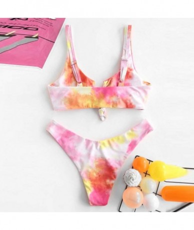 Sets Women's Swimsuit- Two Piece Tie-Dye Bikini Set Lace Up Halter Sexy Bathing Suit - Red - CX19CD6C545 $34.16