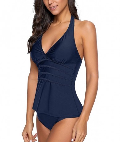 Tops Women's Open Back Halter Tankini V Neck Two Piece Swimsuit Bathing Suit - Navy Blue - CV18QTOU4Q6 $39.13