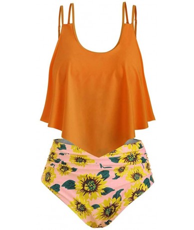 Sets Women Sunflower Print Two Pieces Bathing Suits Ruffled with High Waisted Bottom Tummy Control Bathing Suit - C - CG18SIE...