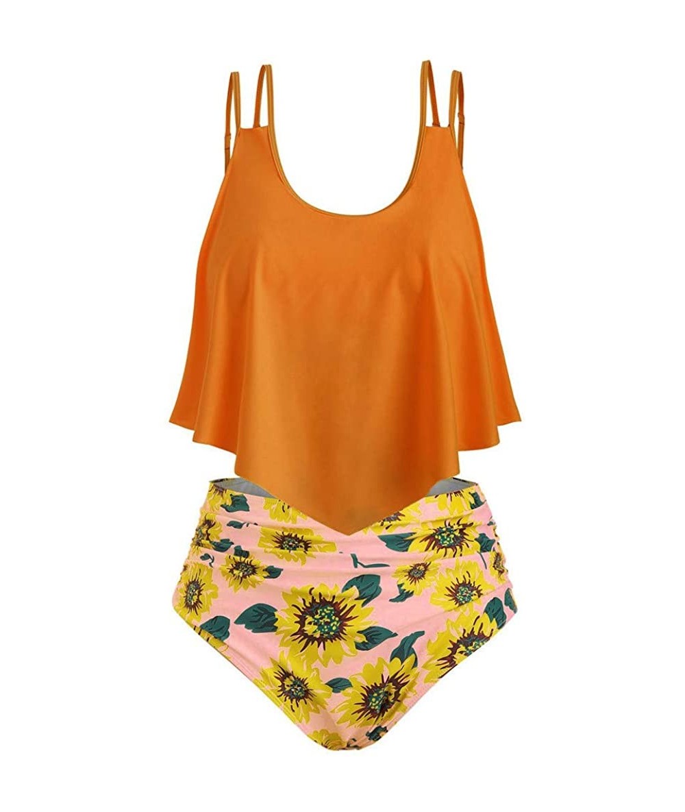 Sets Women Sunflower Print Two Pieces Bathing Suits Ruffled with High Waisted Bottom Tummy Control Bathing Suit - C - CG18SIE...