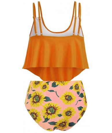 Sets Women Sunflower Print Two Pieces Bathing Suits Ruffled with High Waisted Bottom Tummy Control Bathing Suit - C - CG18SIE...