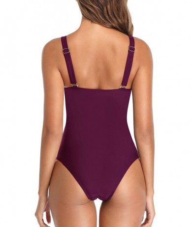 One-Pieces Women One Piece Retro Swimsuit Ruched Tummy Control Bathing Suits Swimwear - Dark Purple - C0192A4LGZS $19.76