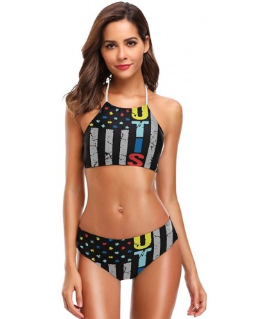 Sets 911 Dispatcher Thin Gold Line Bikini Swimwear Swimsuit Beach Suit Bathing Suits for Teens Girls Women - Autism Awareness...