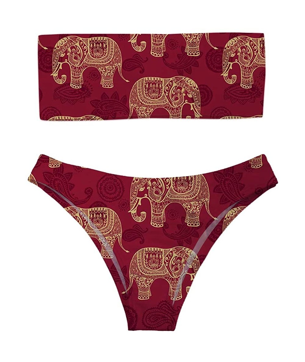 Racing Women's Strapless Vintage 90s Chic Printed Bandeau Bikini Thong Floral 2 Pieces Bathing Suits - Boho Elephant Red - CV...