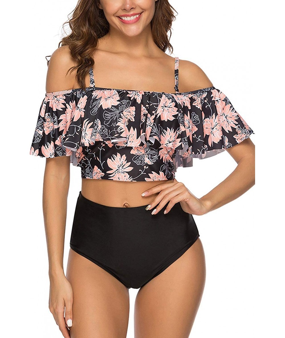 Sets Women Off The Shoulder Ruffle Swimsuit Two Piece Bathing Suits High Waisted Flounce Bikini Set - Floral - C918Q8LIC9Q $3...