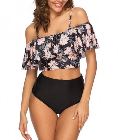 Sets Women Off The Shoulder Ruffle Swimsuit Two Piece Bathing Suits High Waisted Flounce Bikini Set - Floral - C918Q8LIC9Q $3...