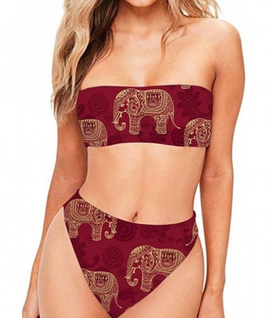 Racing Women's Strapless Vintage 90s Chic Printed Bandeau Bikini Thong Floral 2 Pieces Bathing Suits - Boho Elephant Red - CV...