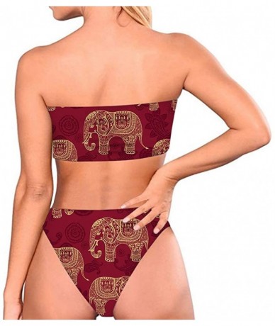 Racing Women's Strapless Vintage 90s Chic Printed Bandeau Bikini Thong Floral 2 Pieces Bathing Suits - Boho Elephant Red - CV...