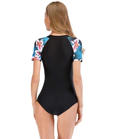 One-Pieces Women's Zip Front Printed Rashguard Swimsuit Sun Protection One Piece Swimwear - 7 Black - CX190EO8WSW $49.23