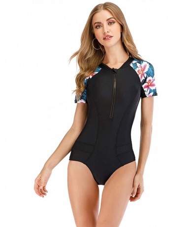 One-Pieces Women's Zip Front Printed Rashguard Swimsuit Sun Protection One Piece Swimwear - 7 Black - CX190EO8WSW $49.23